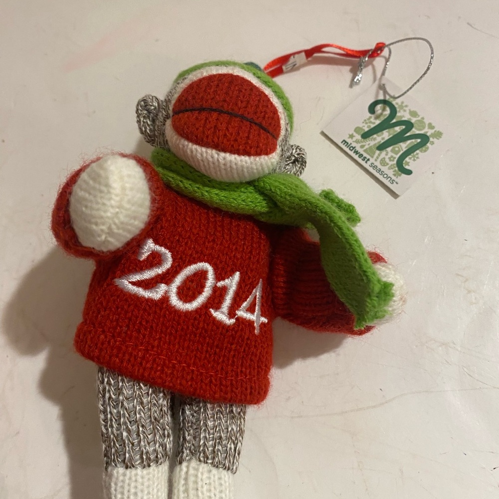 Set of 2 Red and Green Knit Monkey Ornament 2014 & 2015 (F)